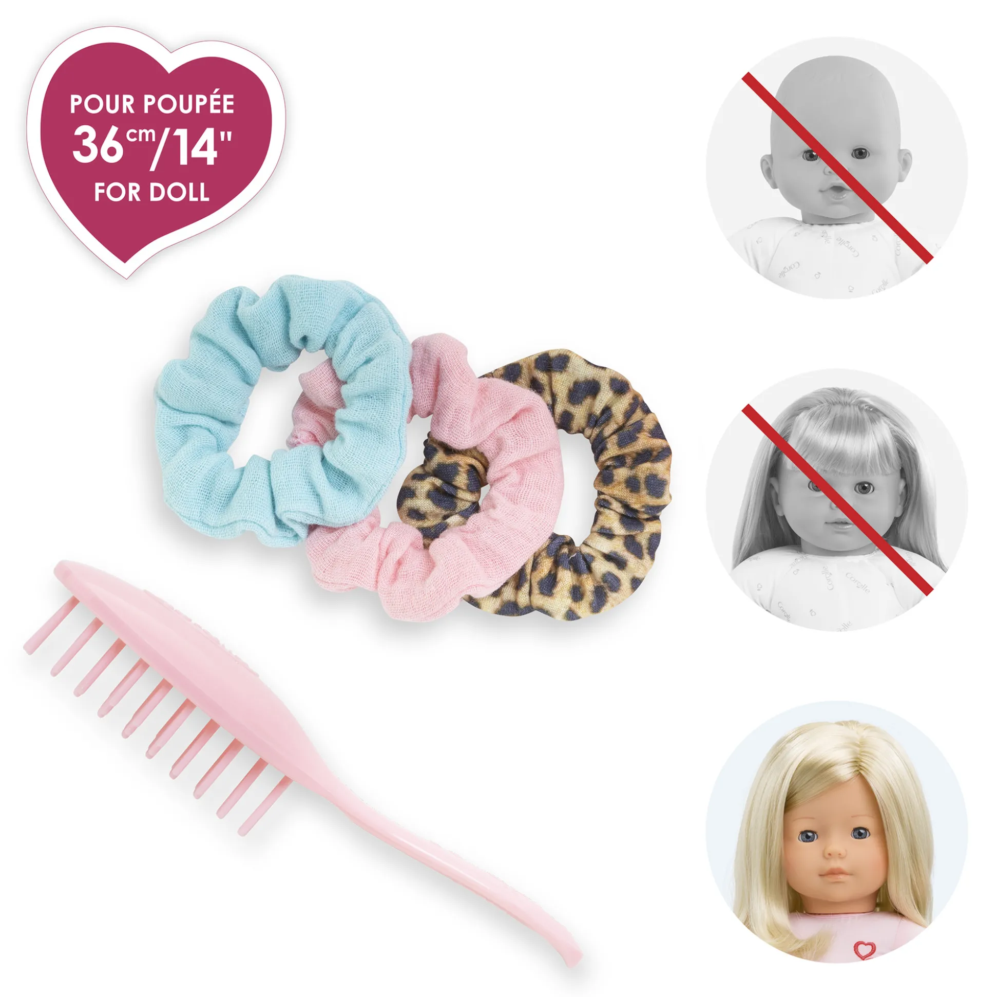 Ensemble Brosse et 3 Chouchous pour poupée ma Corolle