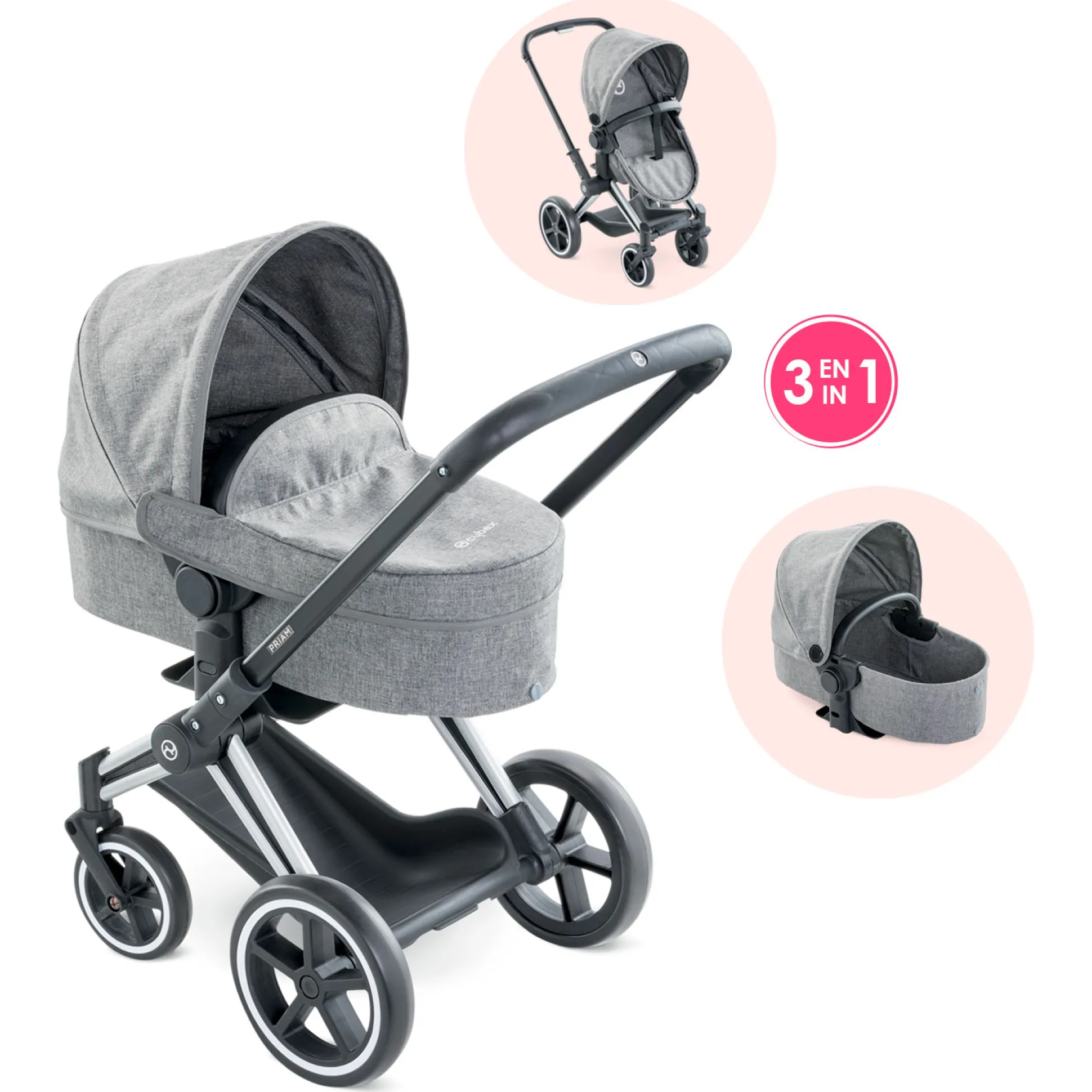 Landau 3 en 1 Cybex Priam Gris pour poupons 36 / 42 / 52 cm
