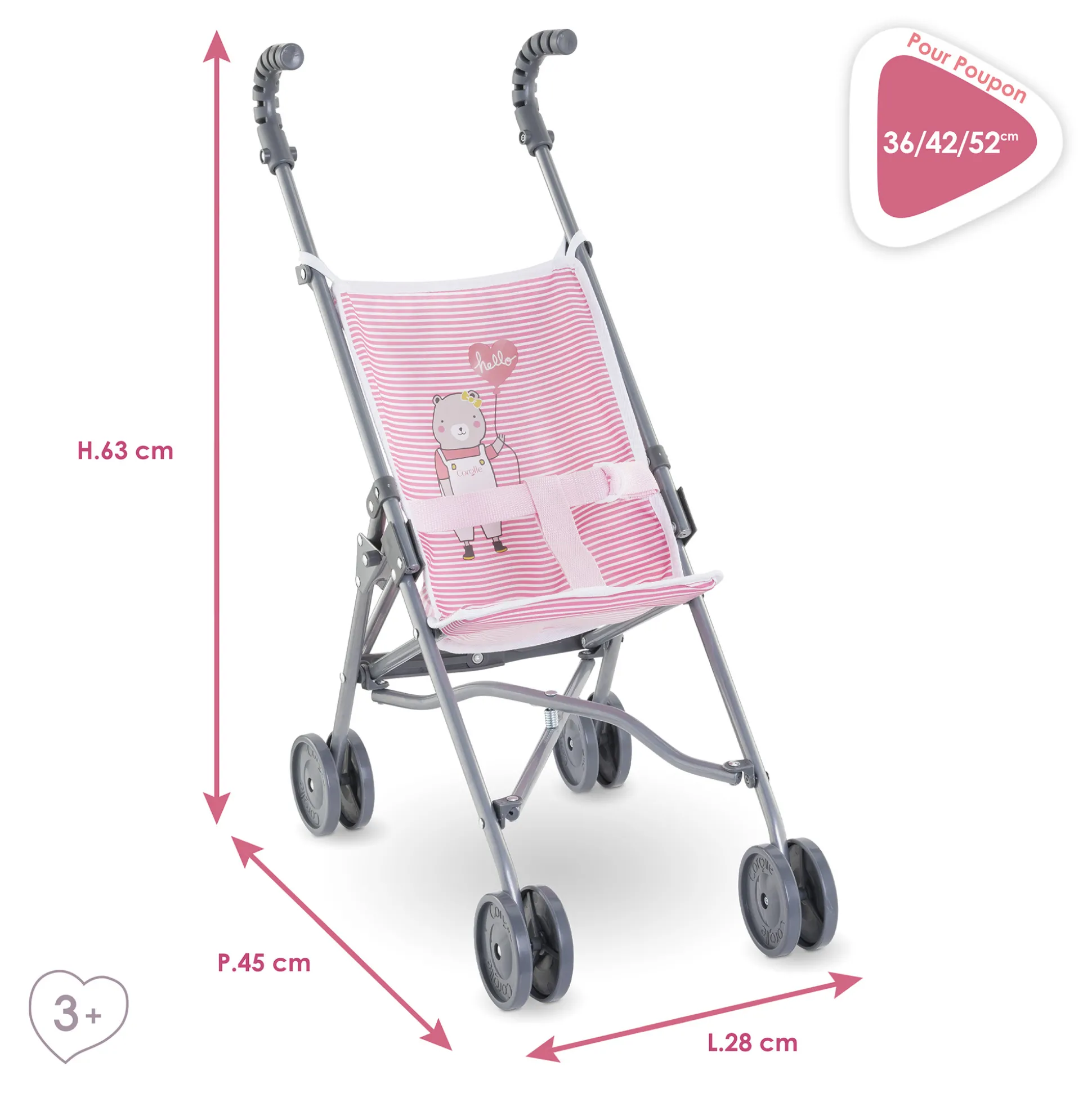 Poussette Canne Rose pour poupon 36/42/52 cm